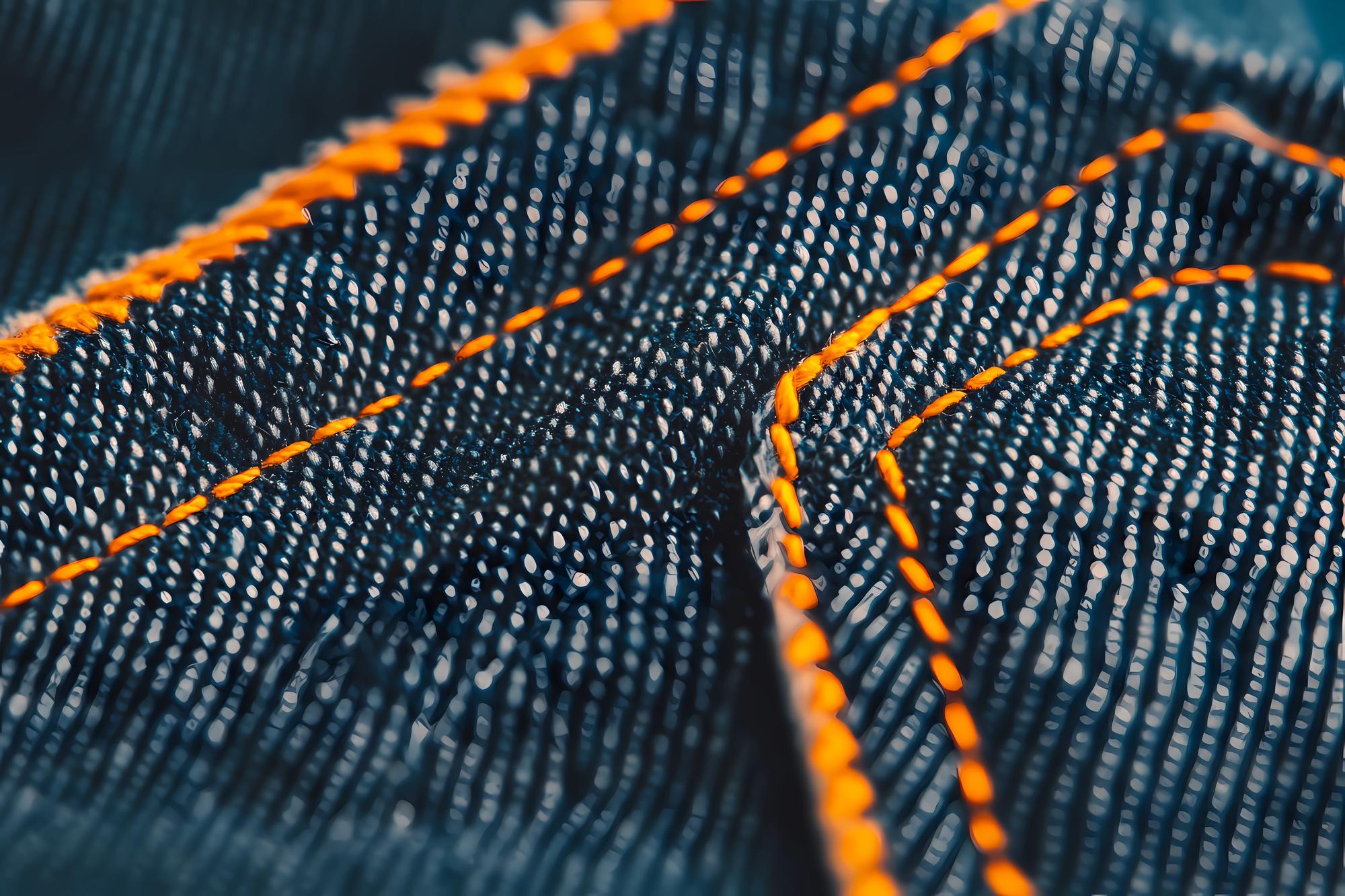 Close-up of embroidered blue circuit pattern on fabric